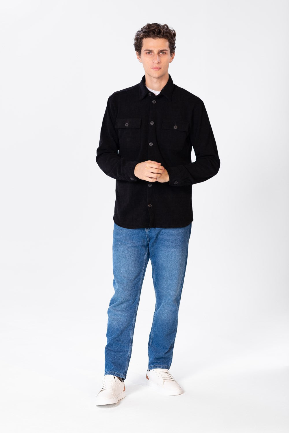 Men's Plain Velvet Shirt With Long Sleeves And Button Front