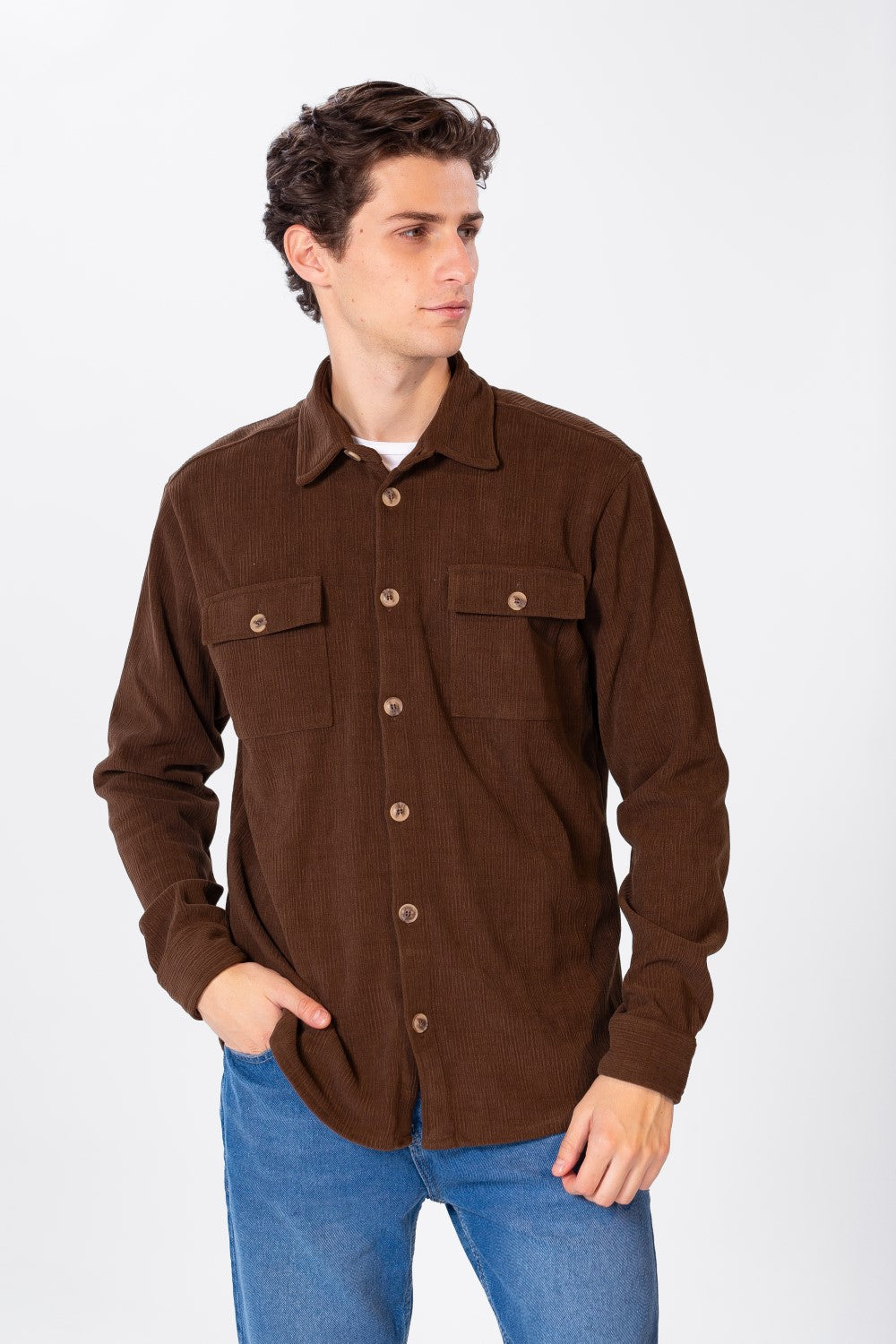 Men's Plain Velvet Shirt With Long Sleeves And Button Front