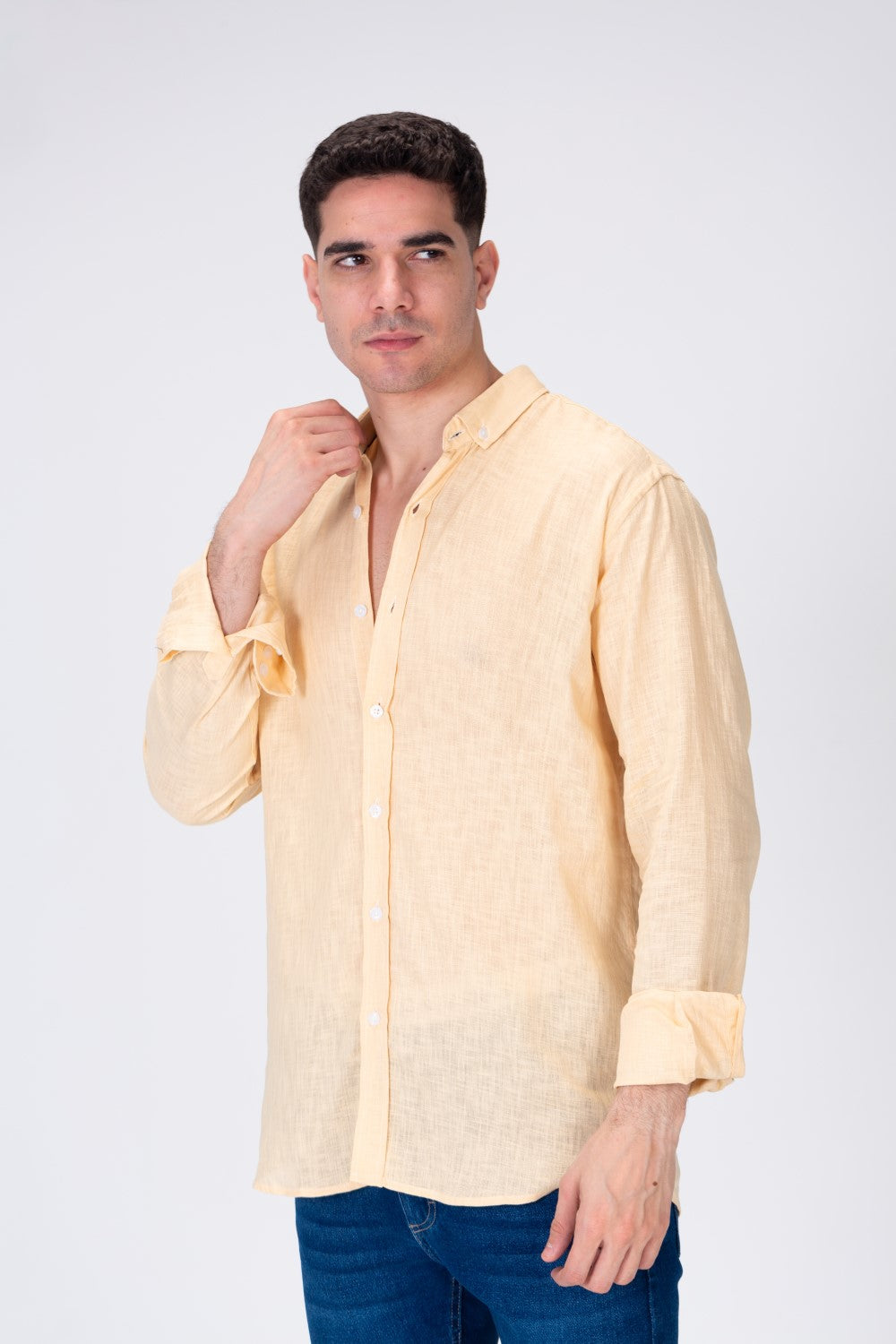 Mens Plain Fit Linen Shirt With Collar And Long Sleeves