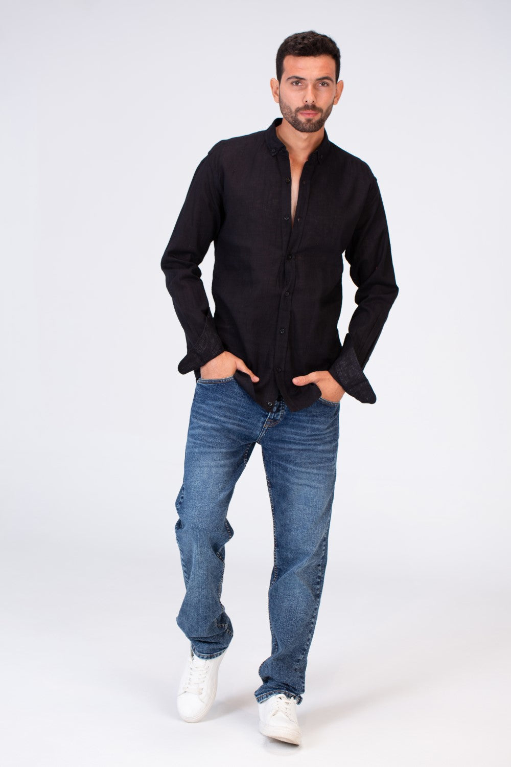 Mens Plain Fit Linen Shirt With Collar And Long Sleeves