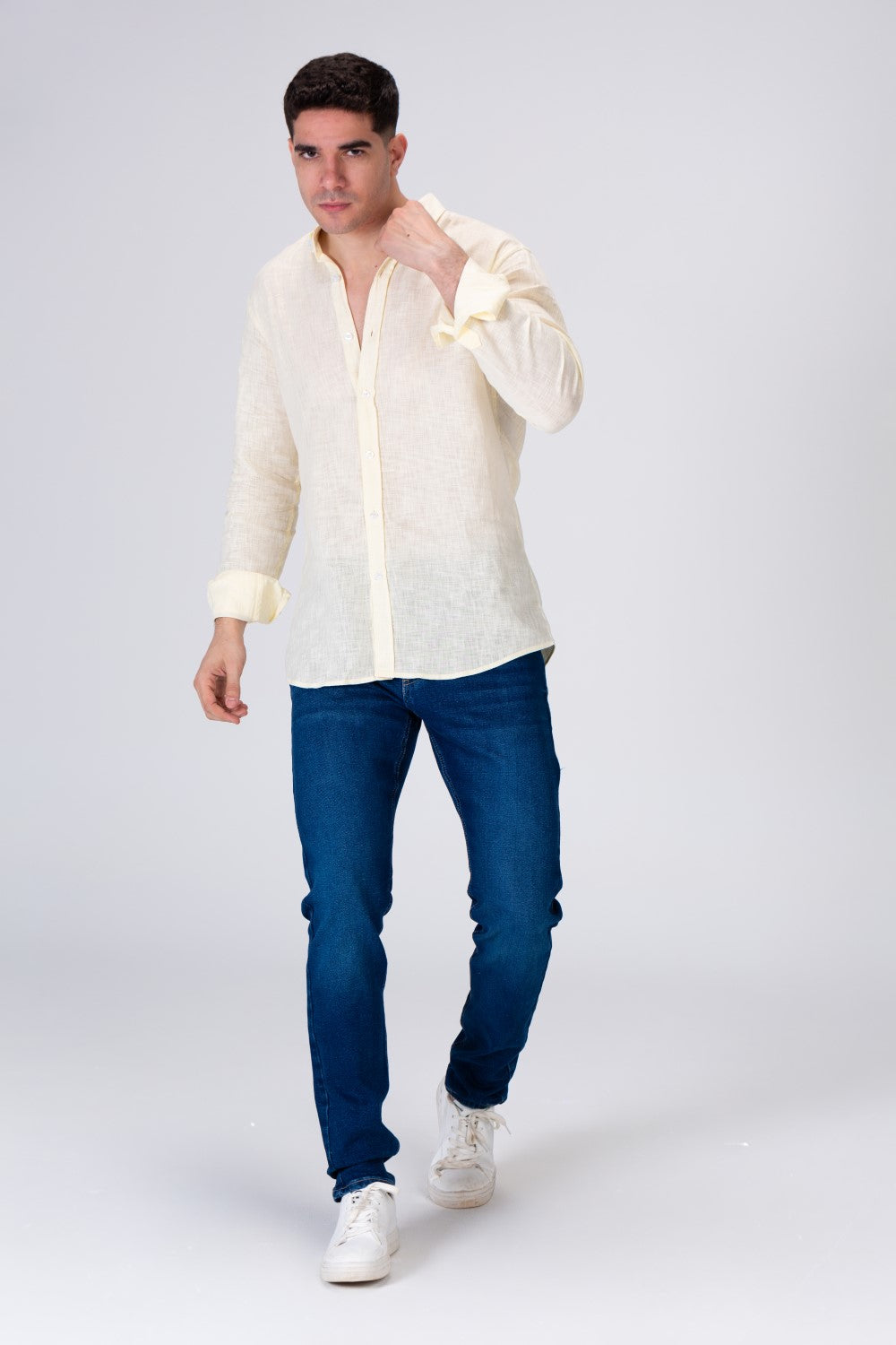 Mens Plain Fit Linen Shirt With Collar And Long Sleeves
