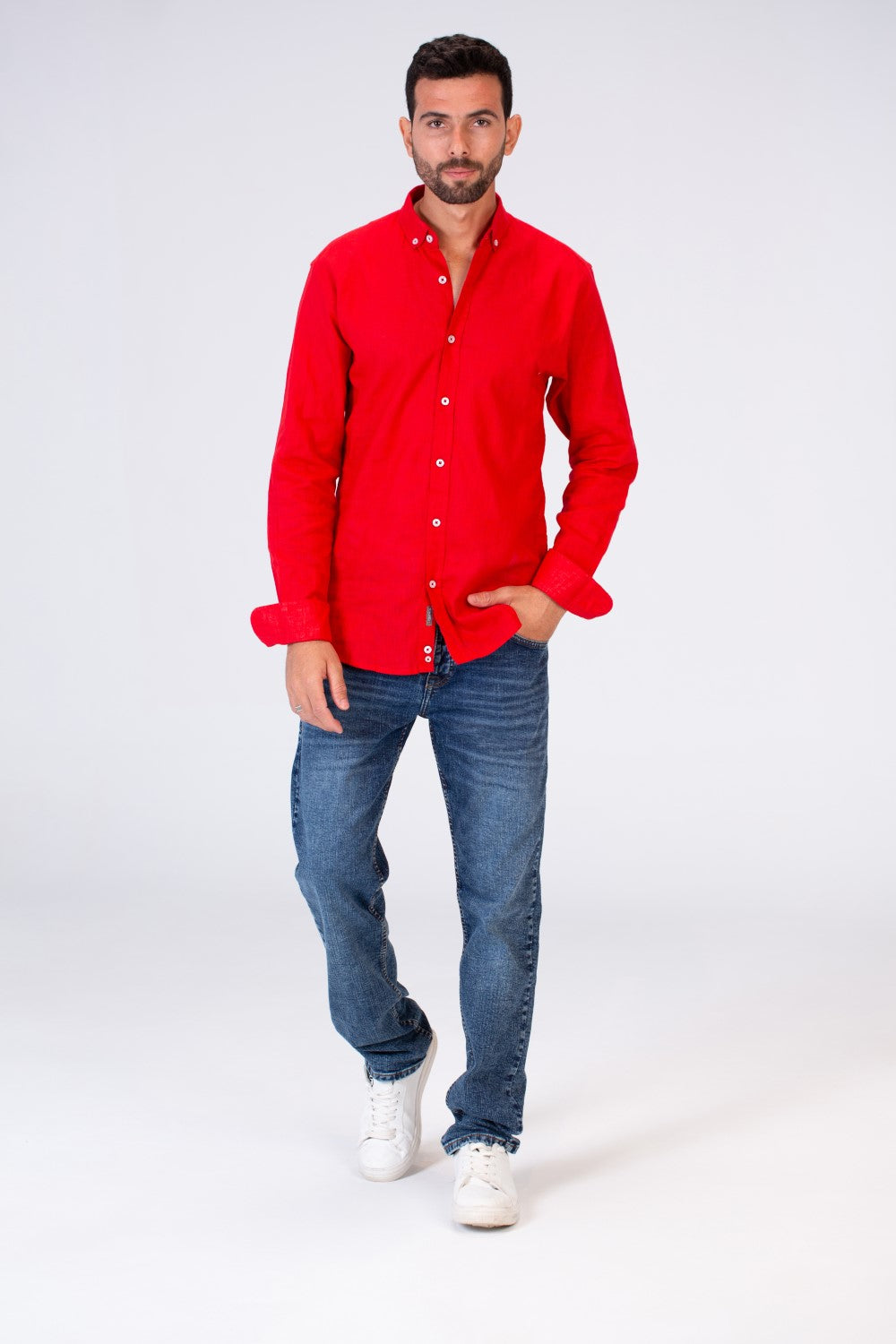 Mens Plain Fit Linen Shirt With Collar And Long Sleeves