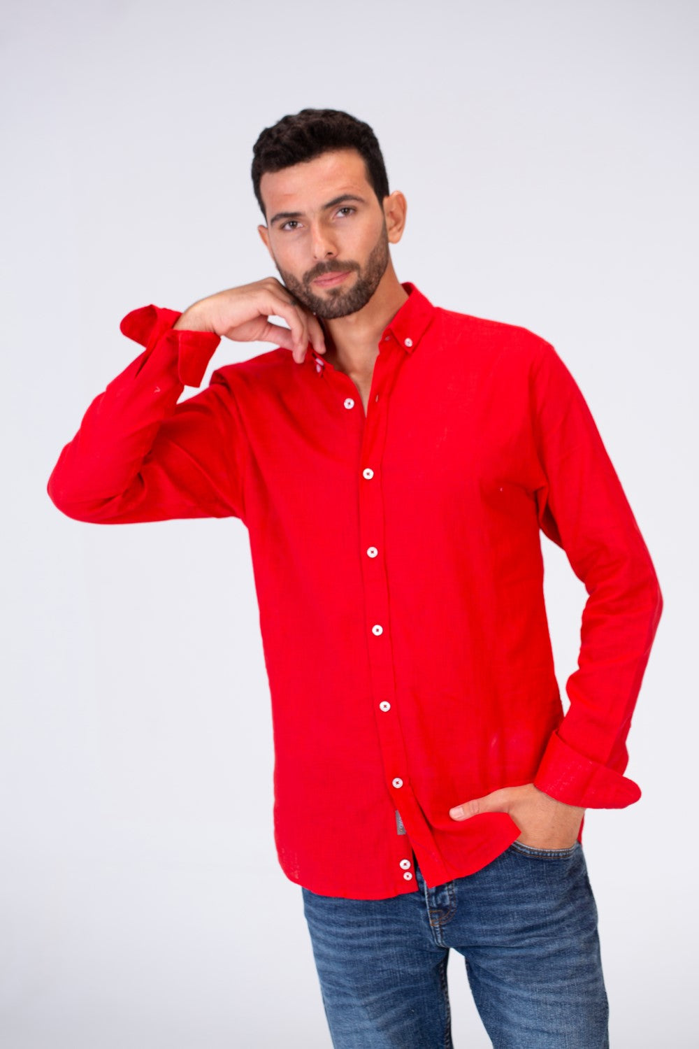 Mens Plain Fit Linen Shirt With Collar And Long Sleeves