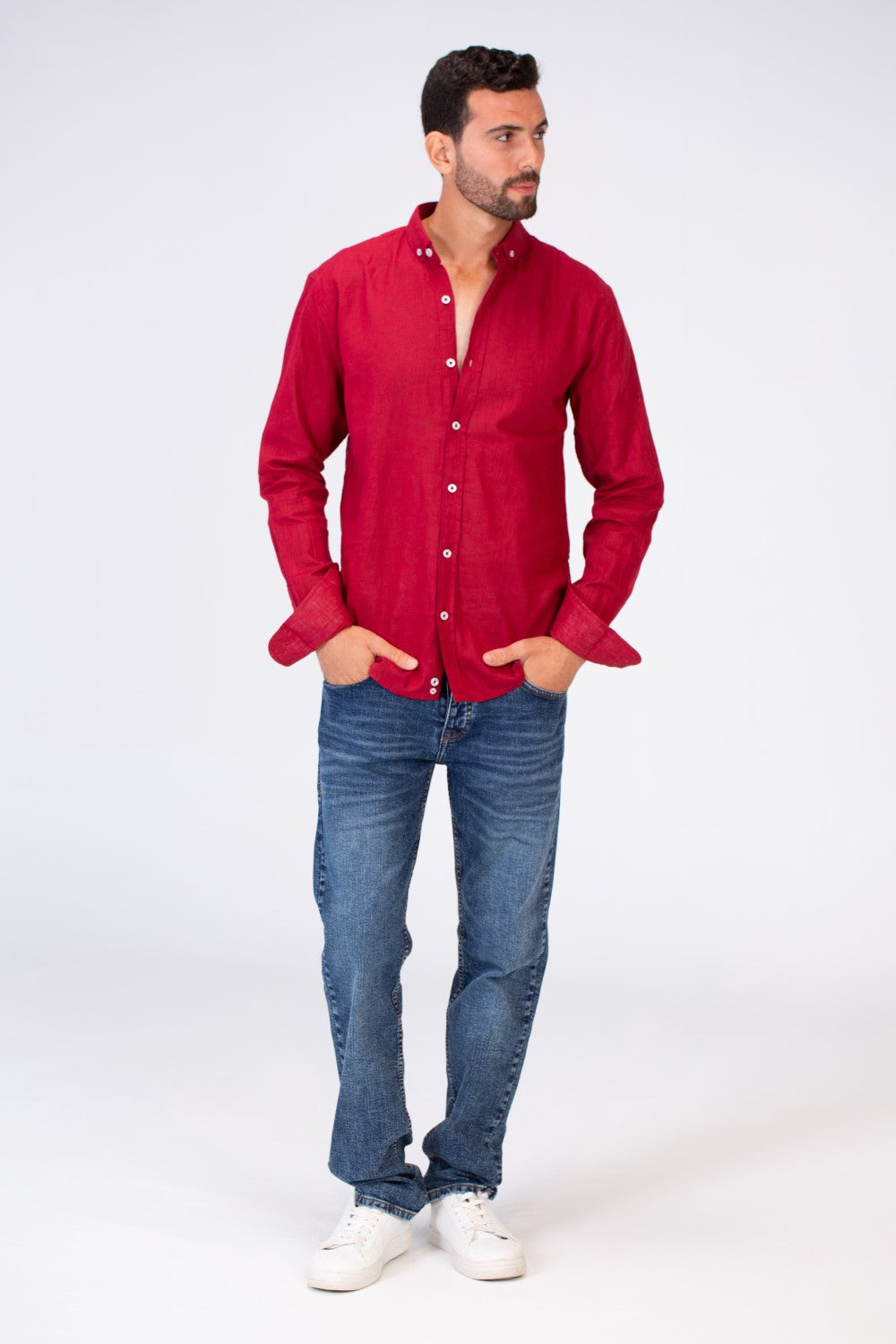 Mens Plain Fit Linen Shirt With Collar And Long Sleeves