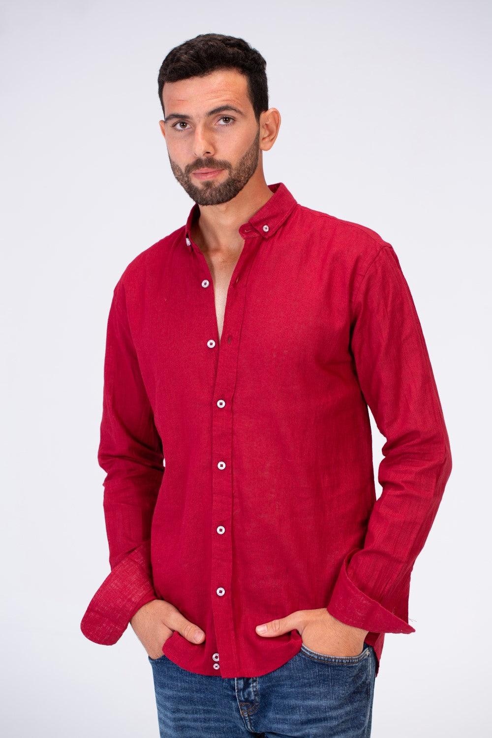 Mens Plain Fit Linen Shirt With Collar And Long Sleeves