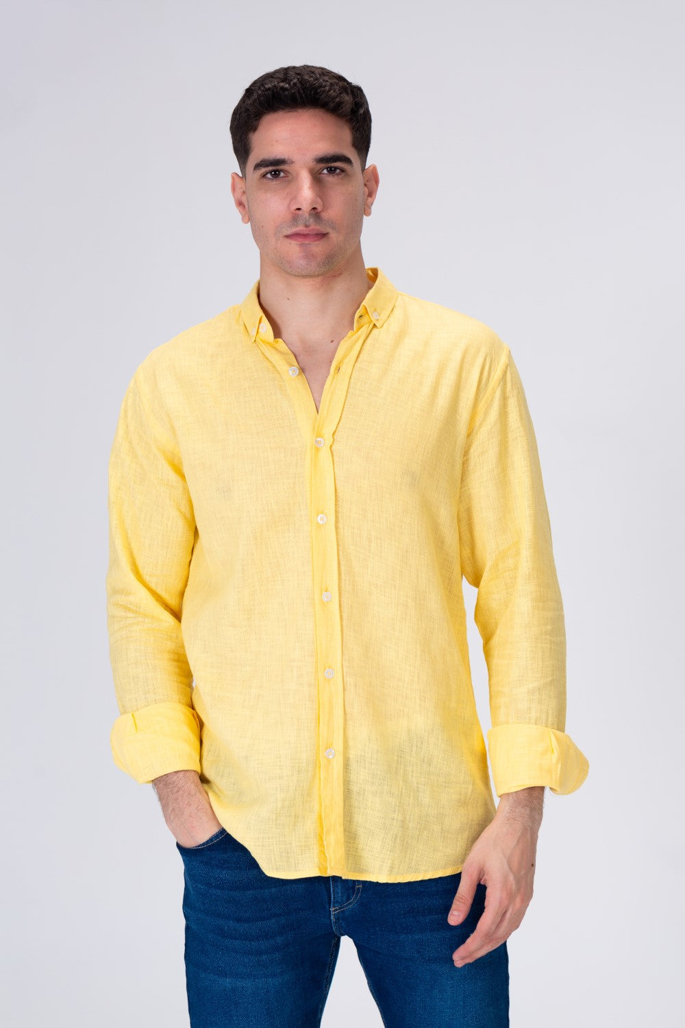 Mens Plain Fit Linen Shirt With Collar And Long Sleeves