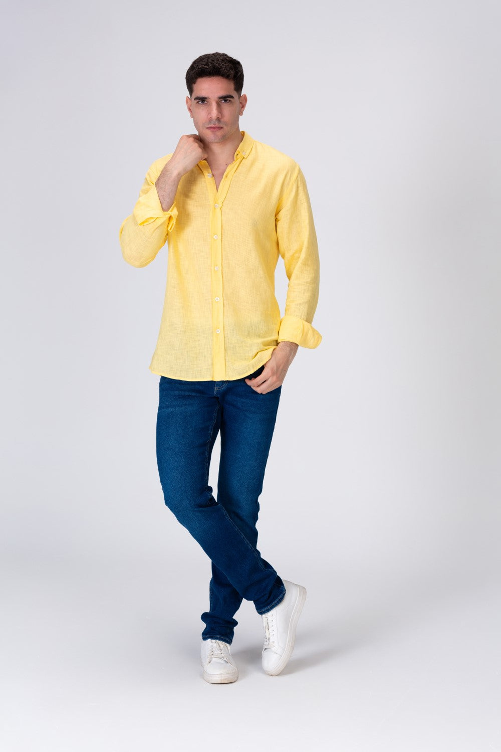 Mens Plain Fit Linen Shirt With Collar And Long Sleeves