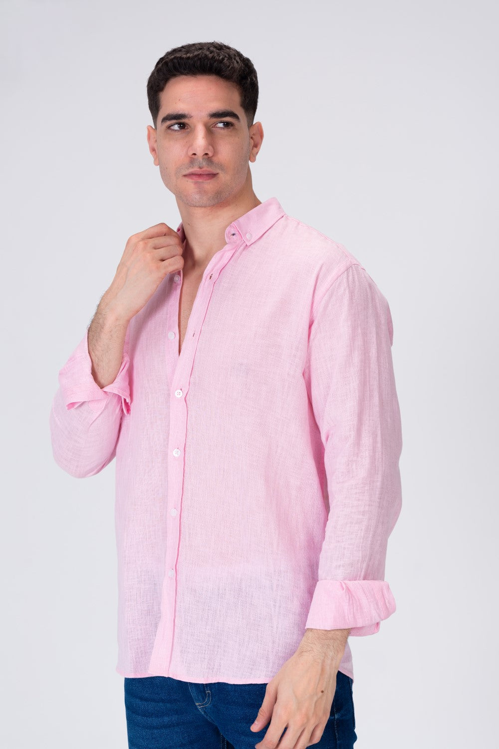 Mens Plain Fit Linen Shirt With Collar And Long Sleeves