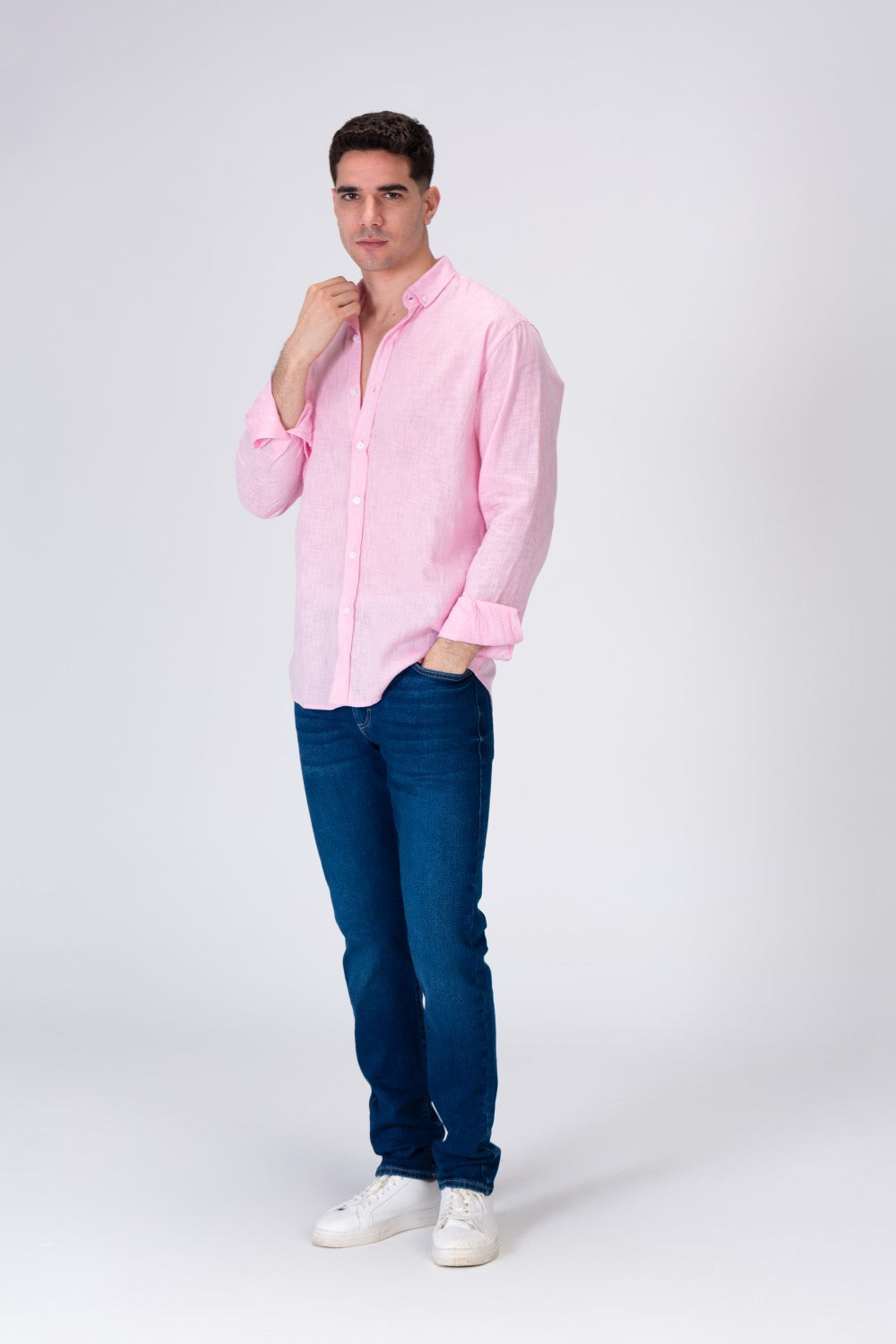 Mens Plain Fit Linen Shirt With Collar And Long Sleeves