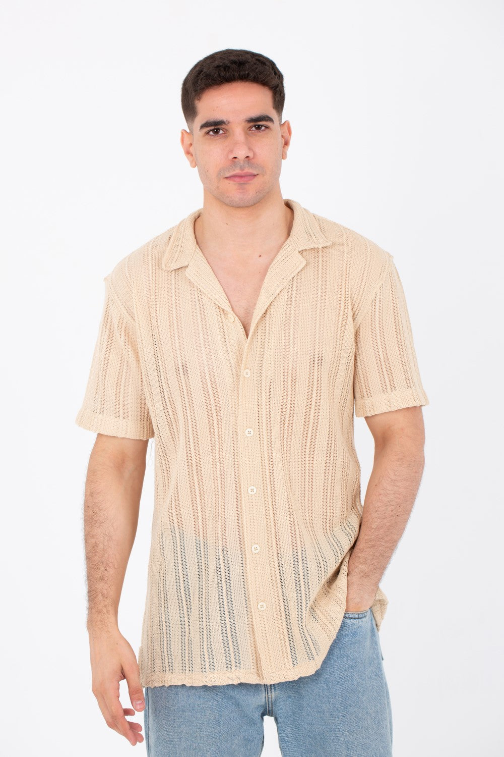 Mens Slim Fit See Through Trico Shirt Short Sleeve Button Front