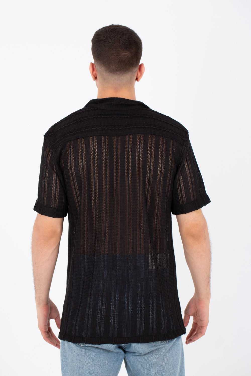 Mens Slim Fit See Through Trico Shirt Short Sleeve Button Front