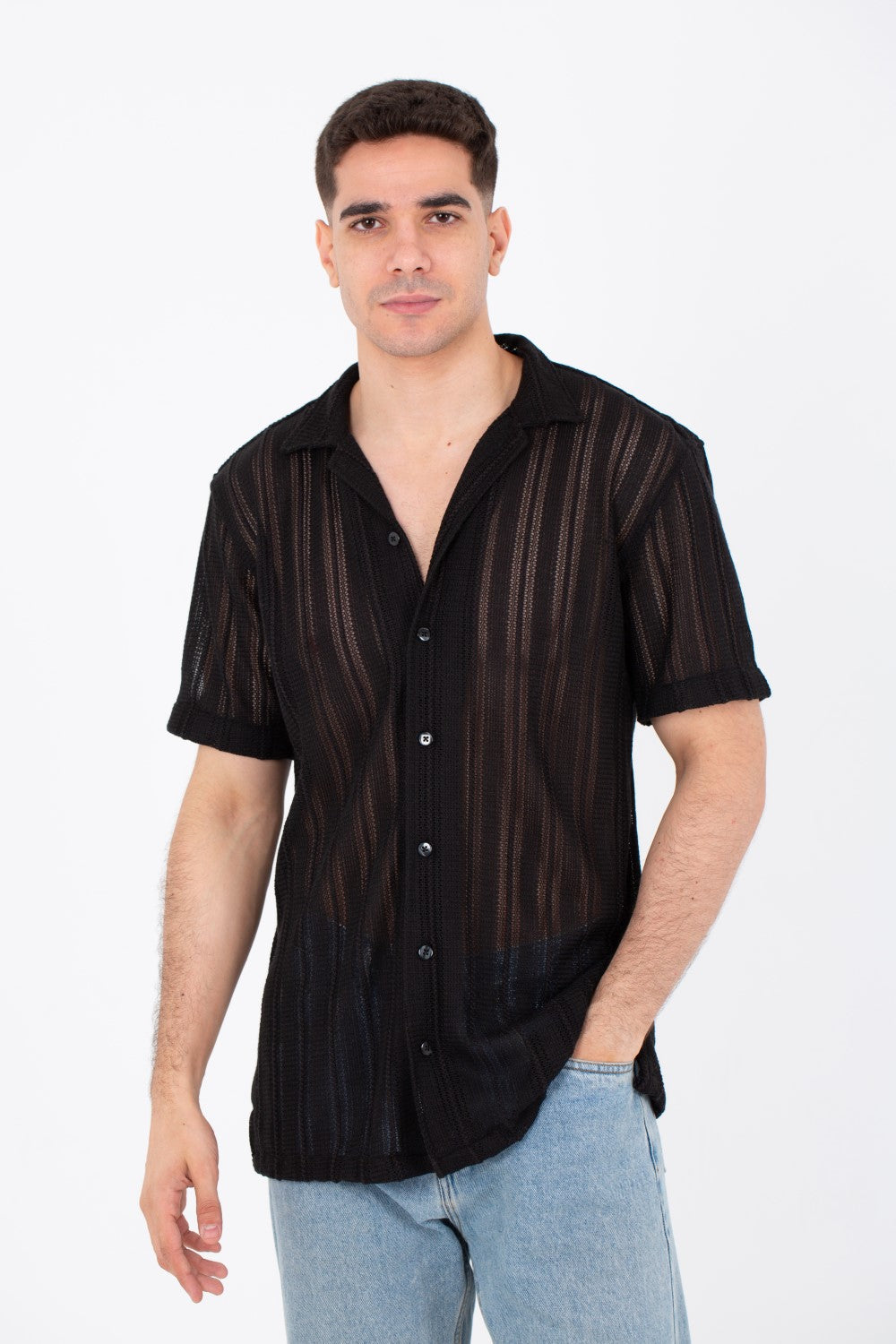 Mens Slim Fit See Through Trico Shirt Short Sleeve Button Front