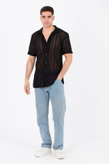 Mens Slim Fit See Through Trico Shirt Short Sleeve Button Front
