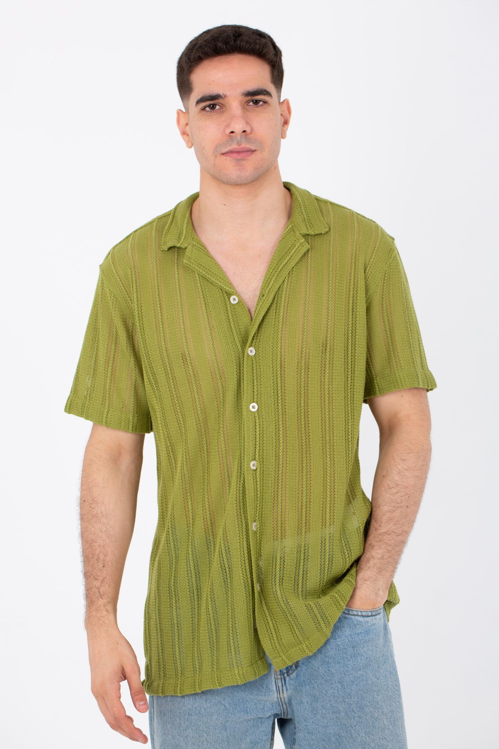 Mens Slim Fit See Through Trico Shirt Short Sleeve Button Front
