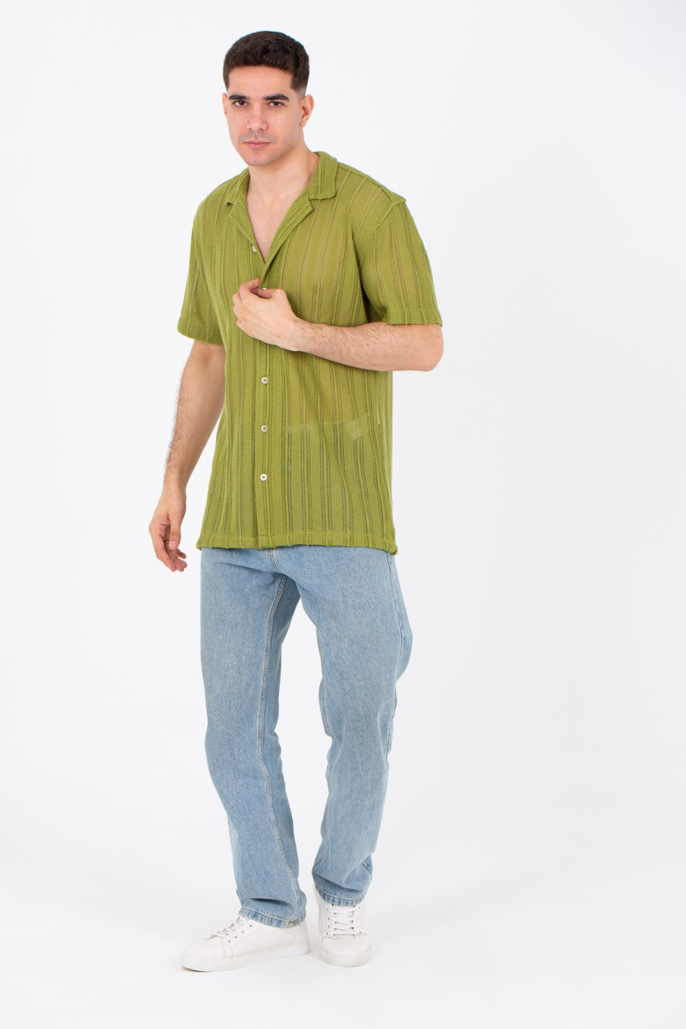 Mens Slim Fit See Through Trico Shirt Short Sleeve Button Front