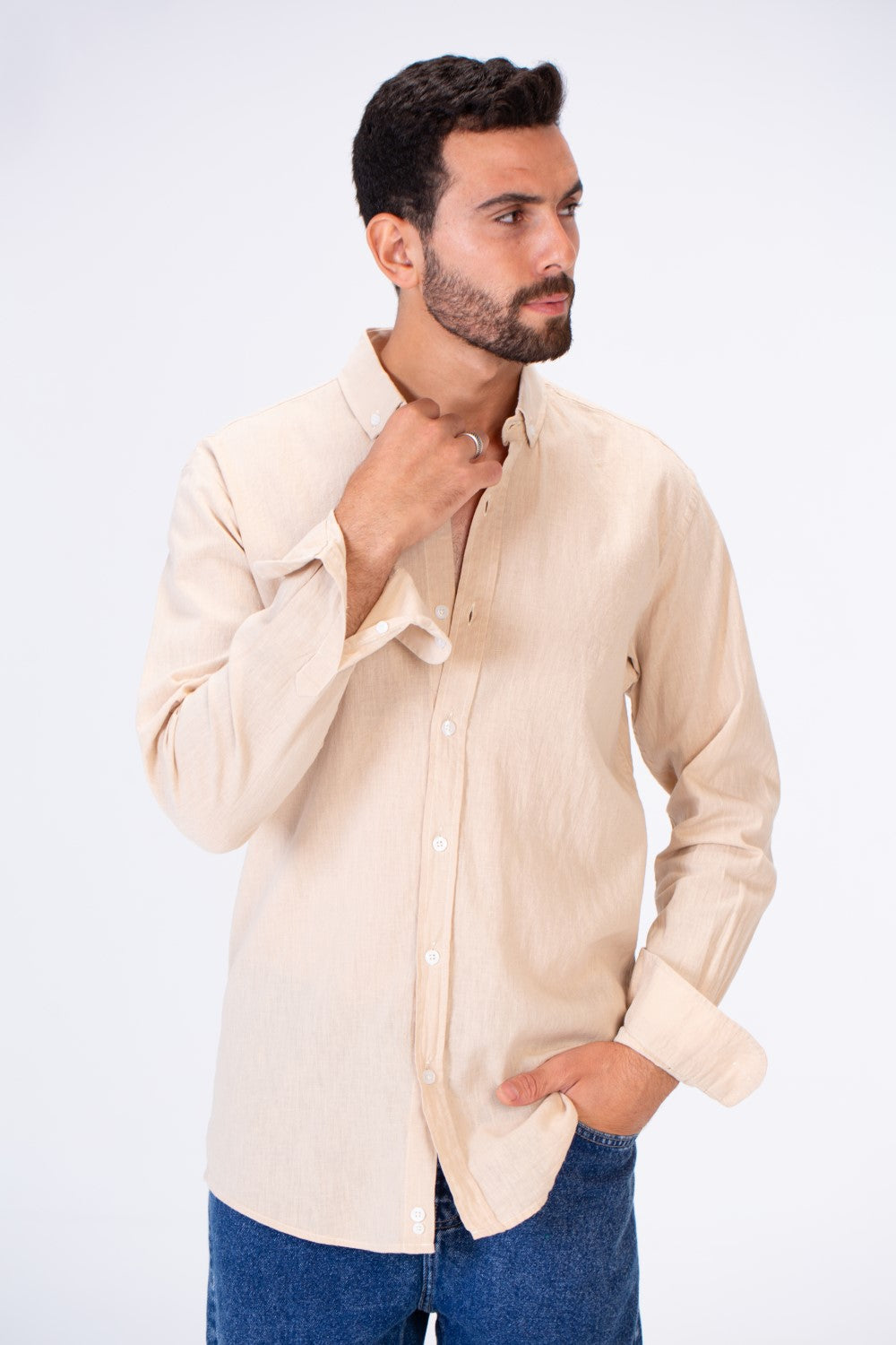 Mens Slim Fit Shirt With Collar And Long Sleeves Linen Material