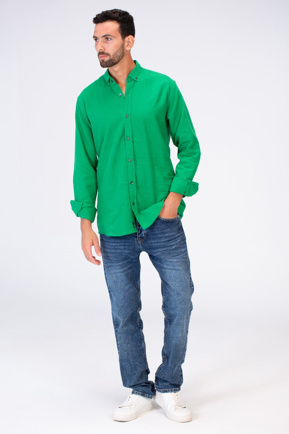 Mens Slim Fit Shirt With Collar And Long Sleeves Linen Material