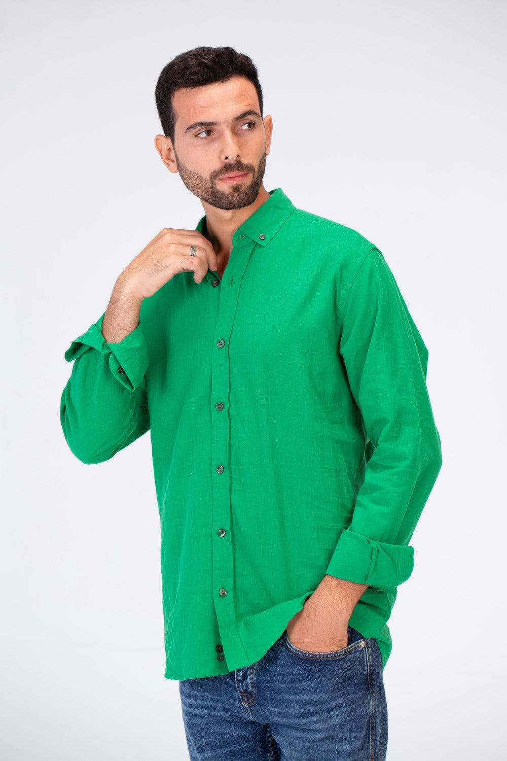 Mens Slim Fit Shirt With Collar And Long Sleeves Linen Material