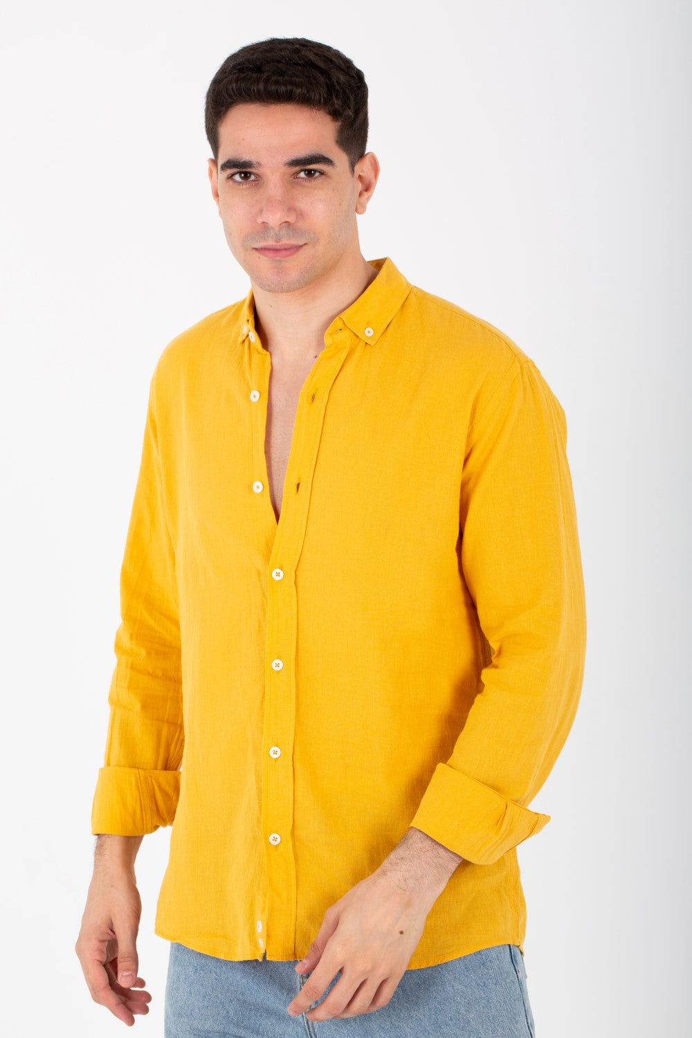 Mens Slim Fit Shirt With Collar And Long Sleeves Linen Material