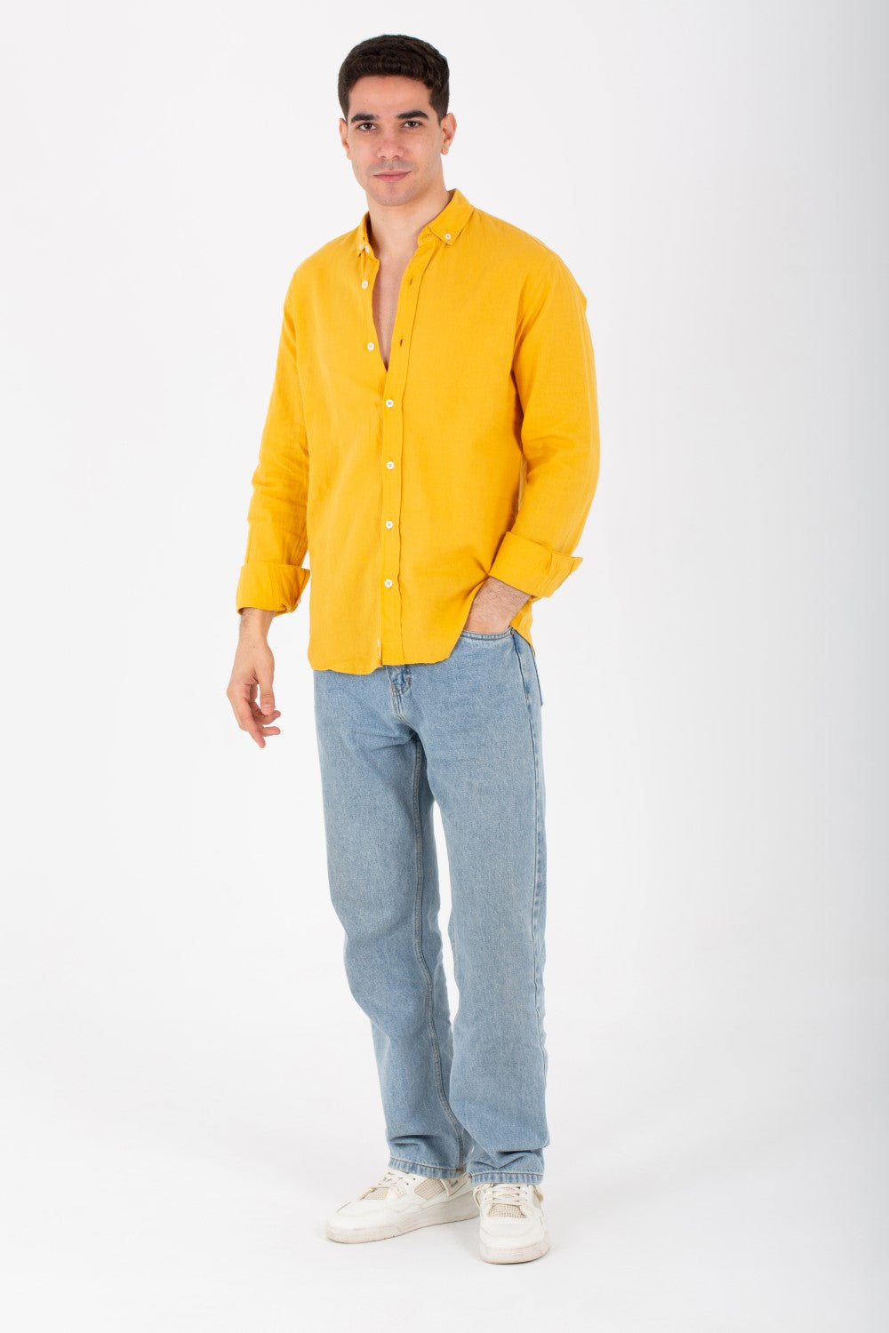 Mens Slim Fit Shirt With Collar And Long Sleeves Linen Material