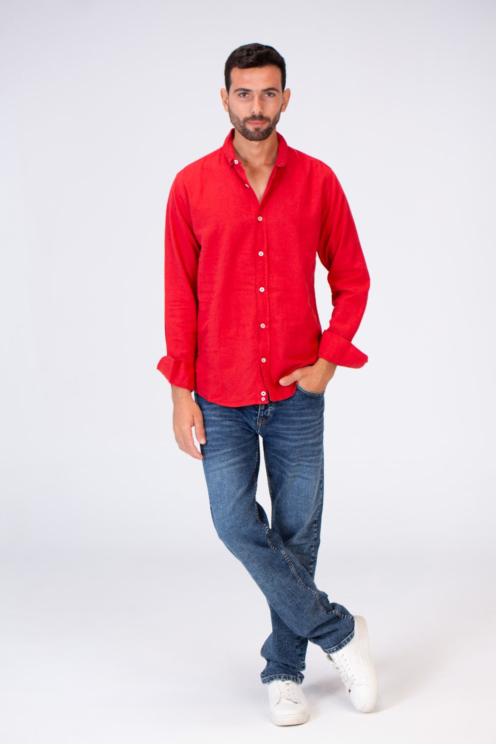 Mens Slim Fit Shirt With Collar And Long Sleeves Linen Material