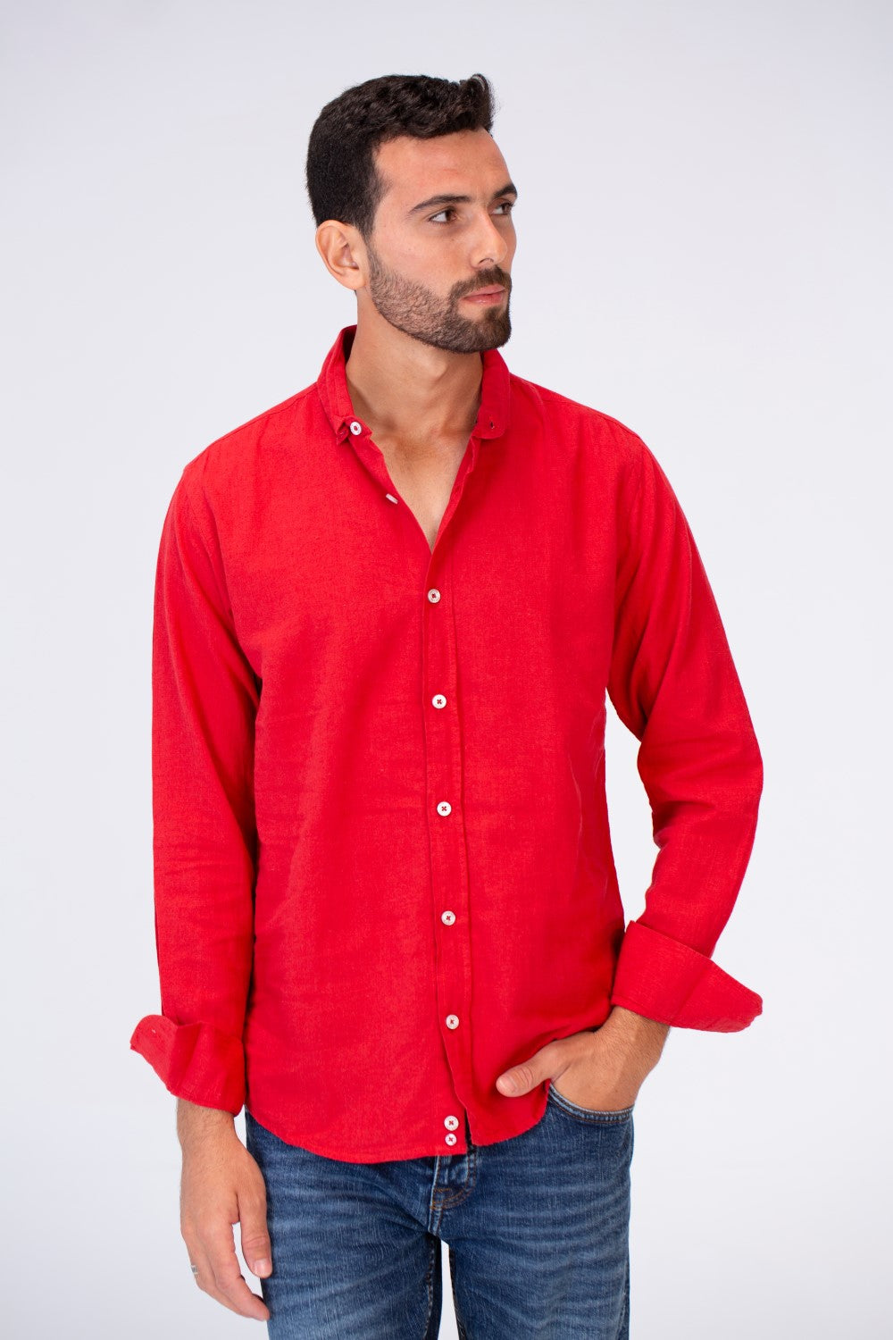 Mens Slim Fit Shirt With Collar And Long Sleeves Linen Material