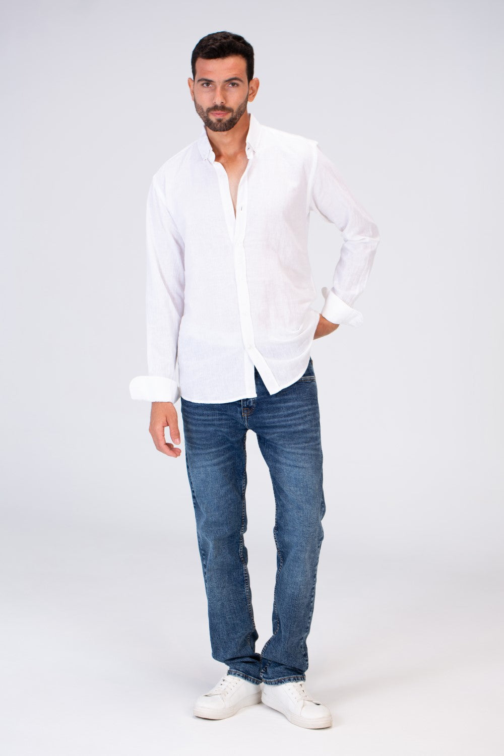 Mens Slim Fit Shirt With Collar And Long Sleeves Linen Material