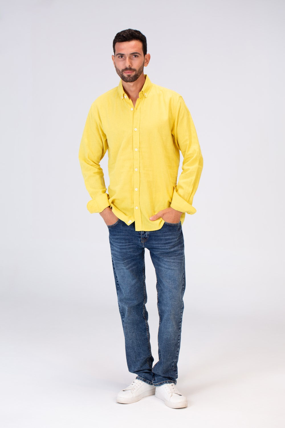 Mens Slim Fit Shirt With Collar And Long Sleeves Linen Material
