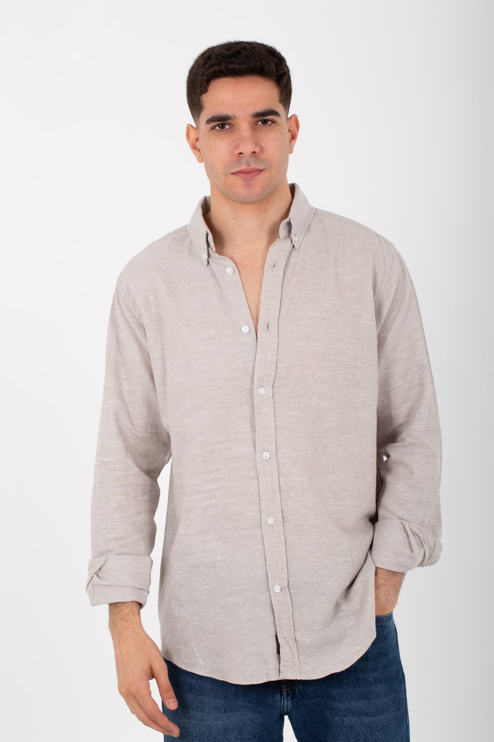 Mens Basic Plain Linen Shirt With Long Sleeves And Collar