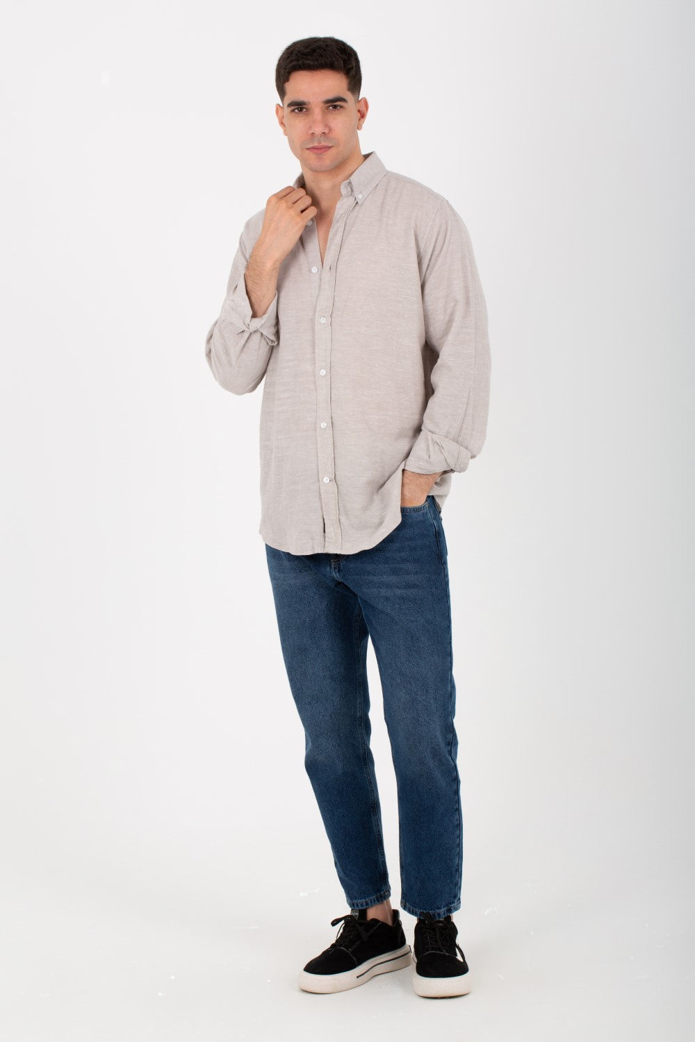 Mens Basic Plain Linen Shirt With Long Sleeves And Collar