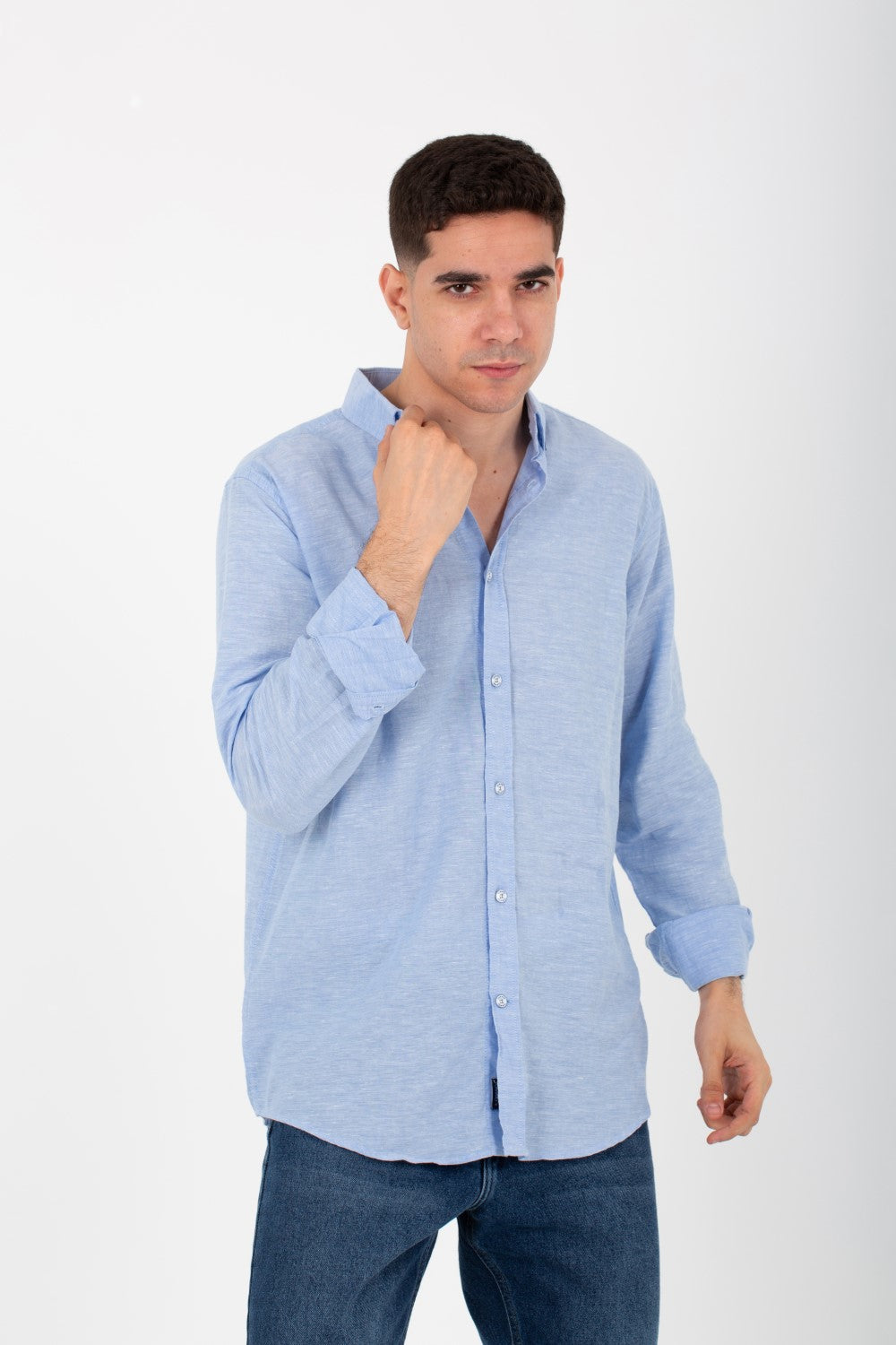 Mens Basic Plain Linen Shirt With Long Sleeves And Collar