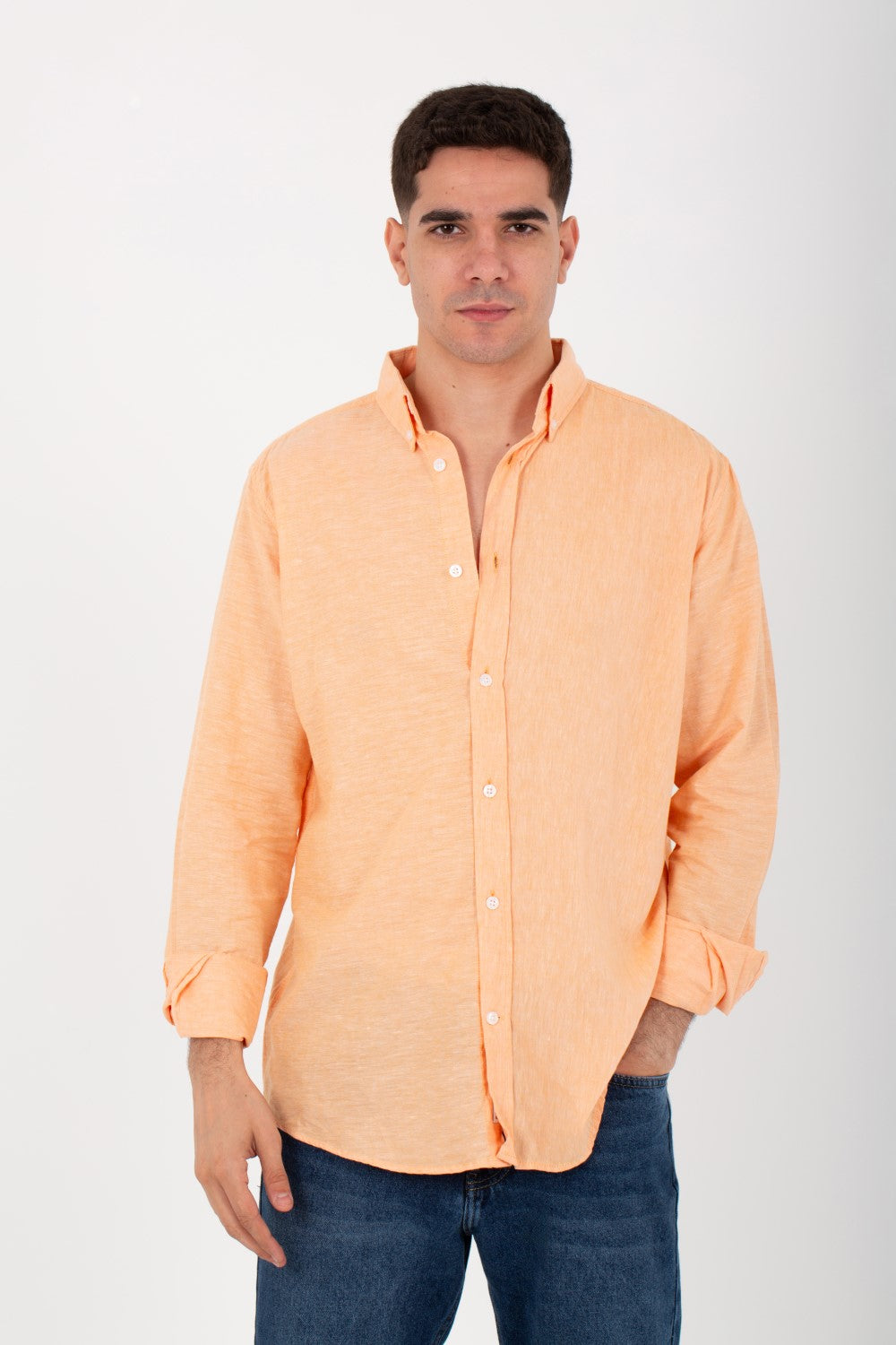 Mens Basic Plain Linen Shirt With Long Sleeves And Collar