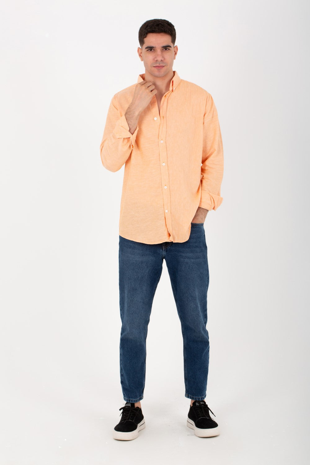 Mens Basic Plain Linen Shirt With Long Sleeves And Collar