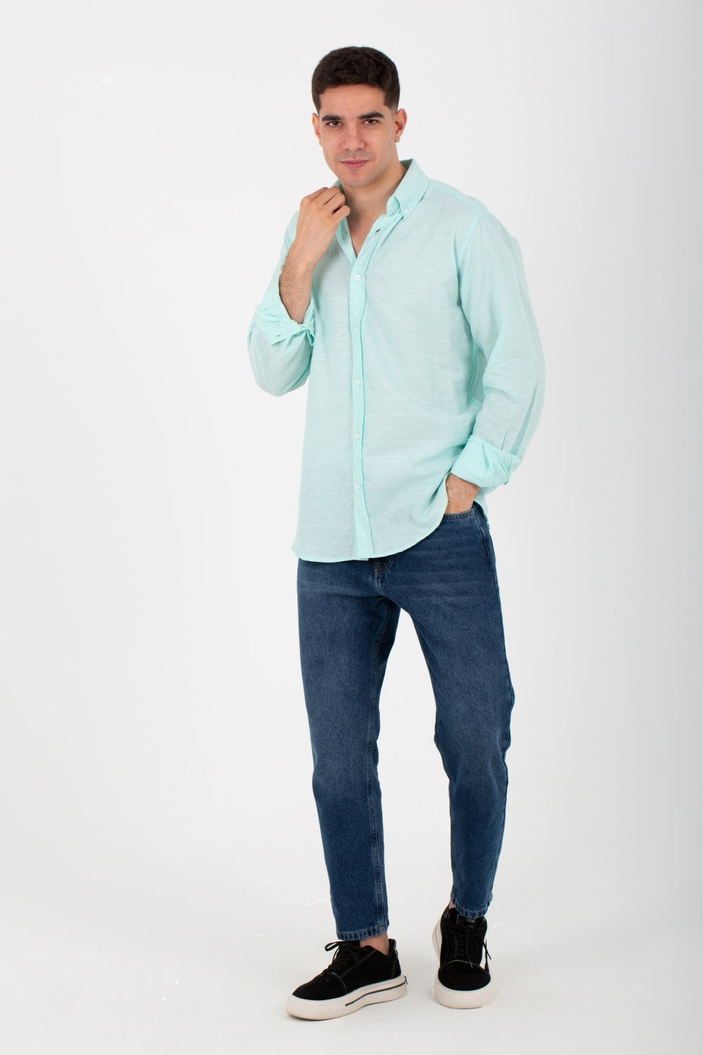 Mens Basic Plain Linen Shirt With Long Sleeves And Collar