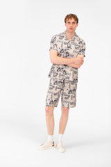 طقم ملابس رجالي مطبوع، قميص نصف كم وشورت من البوليستر