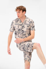 طقم ملابس رجالي مطبوع، قميص نصف كم وشورت من البوليستر