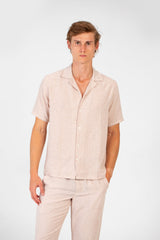 طقم رجالي عصري بتصميم عصري من الكتان بقصة ضيقة وقميص وبنطلون بأكمام نصفية