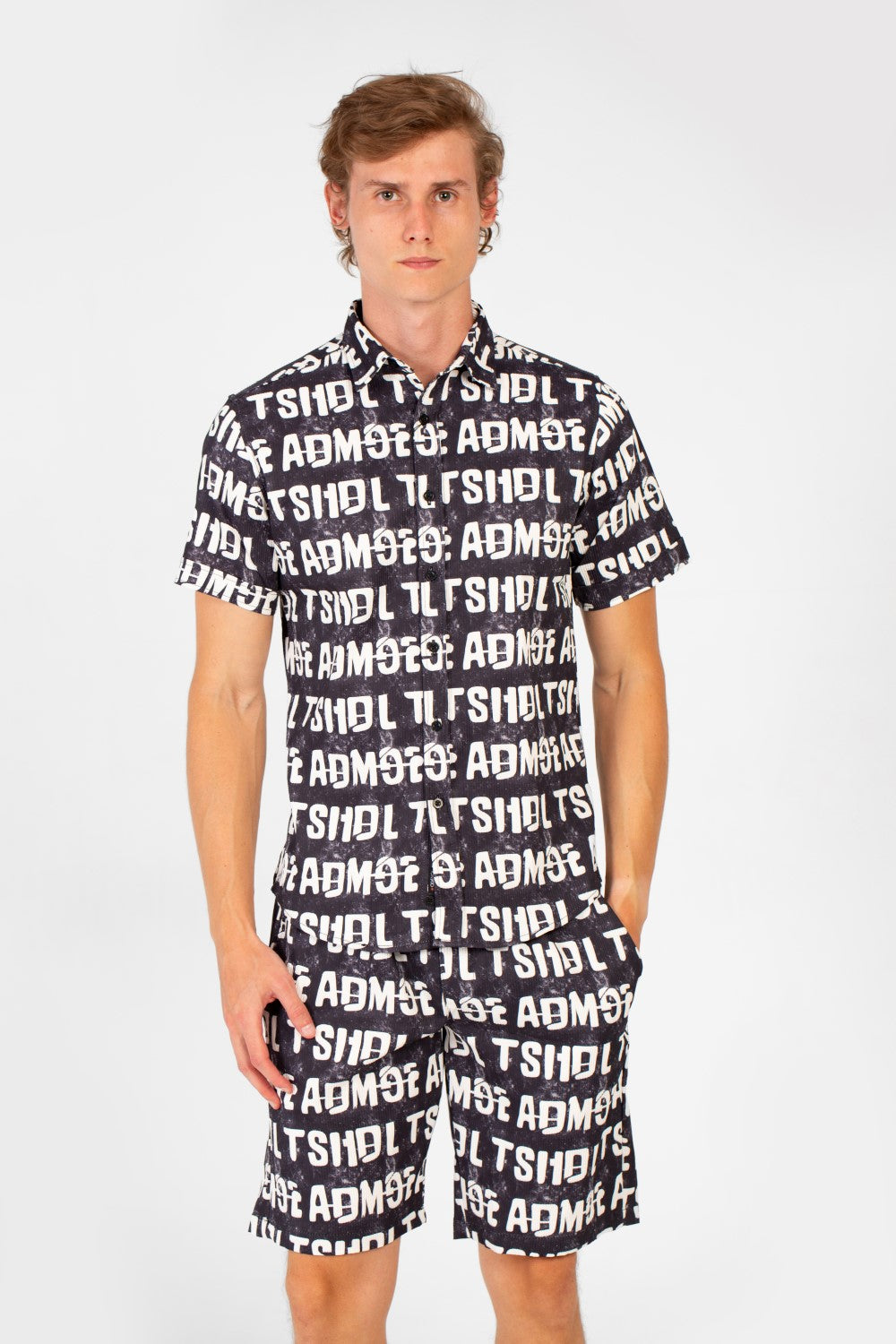 Men's Slim Fit Al Over Letter Print Half Sleeve Shirt & Short Outfit