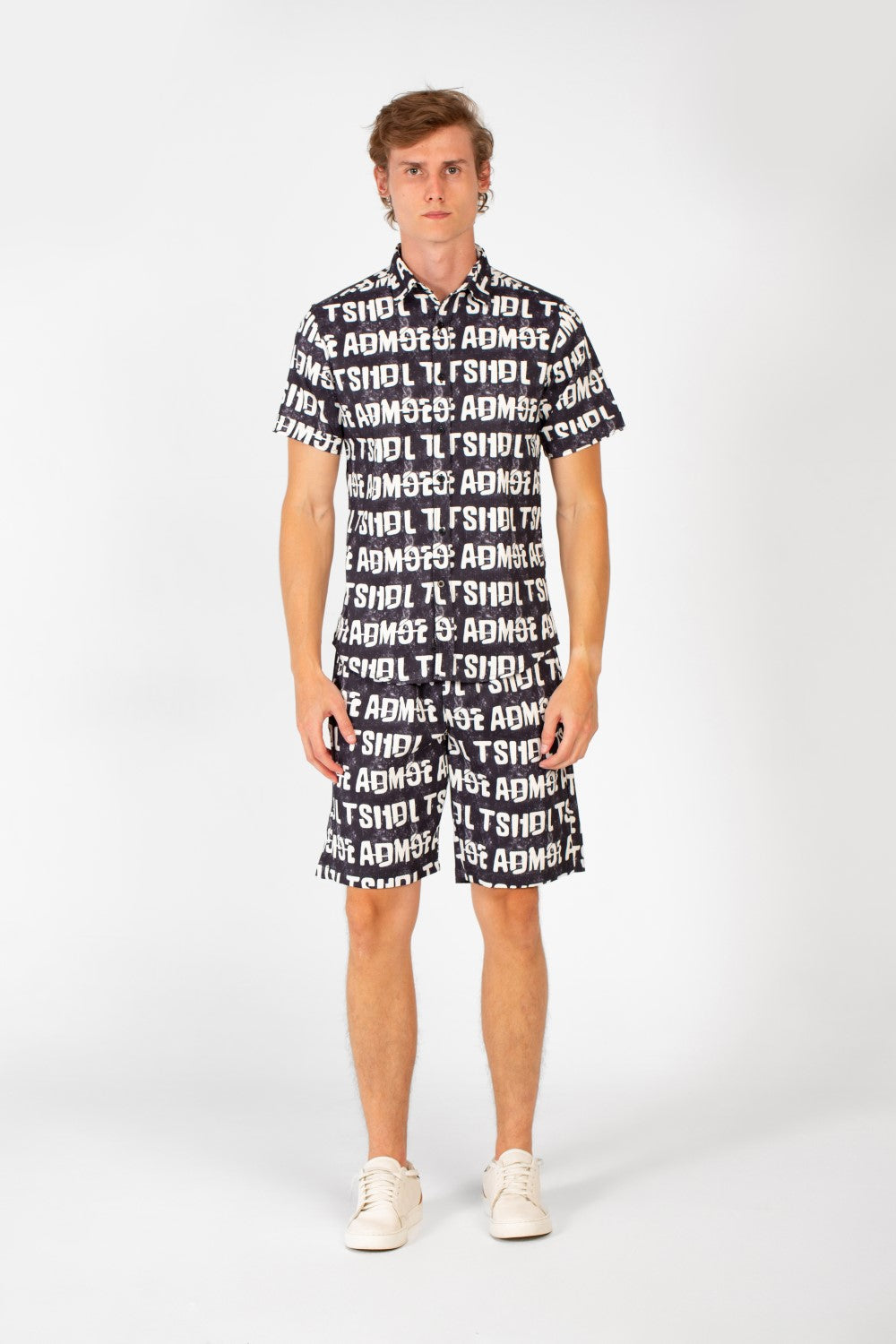 Men's Slim Fit Al Over Letter Print Half Sleeve Shirt & Short Outfit