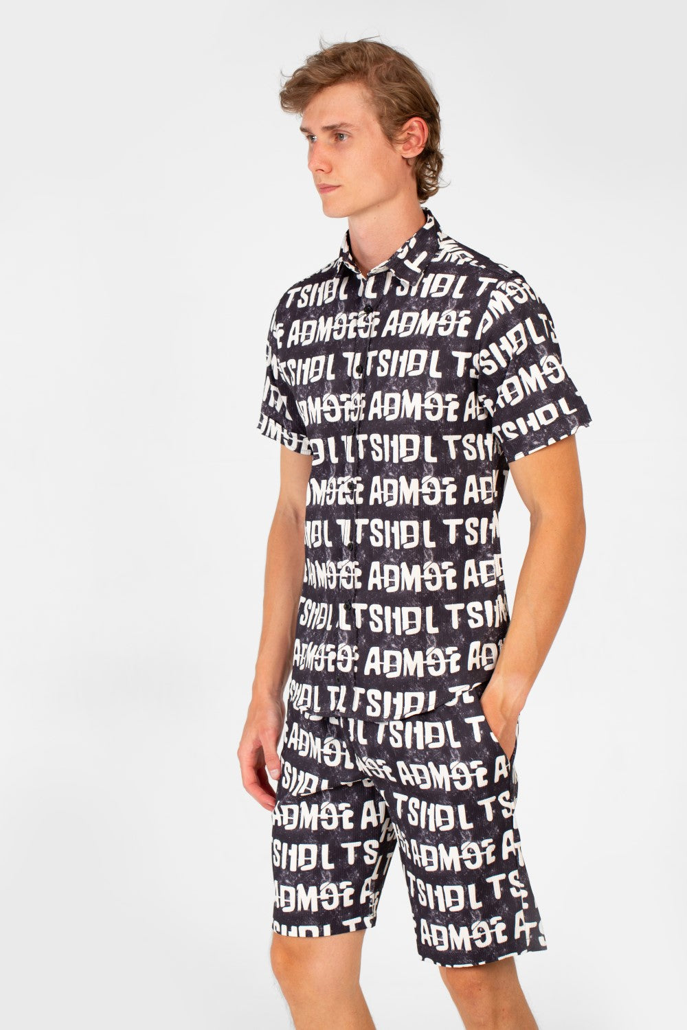 Men's Slim Fit Al Over Letter Print Half Sleeve Shirt & Short Outfit