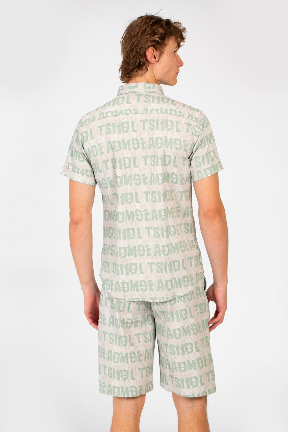 Men's Slim Fit Al Over Letter Print Half Sleeve Shirt & Short Outfit