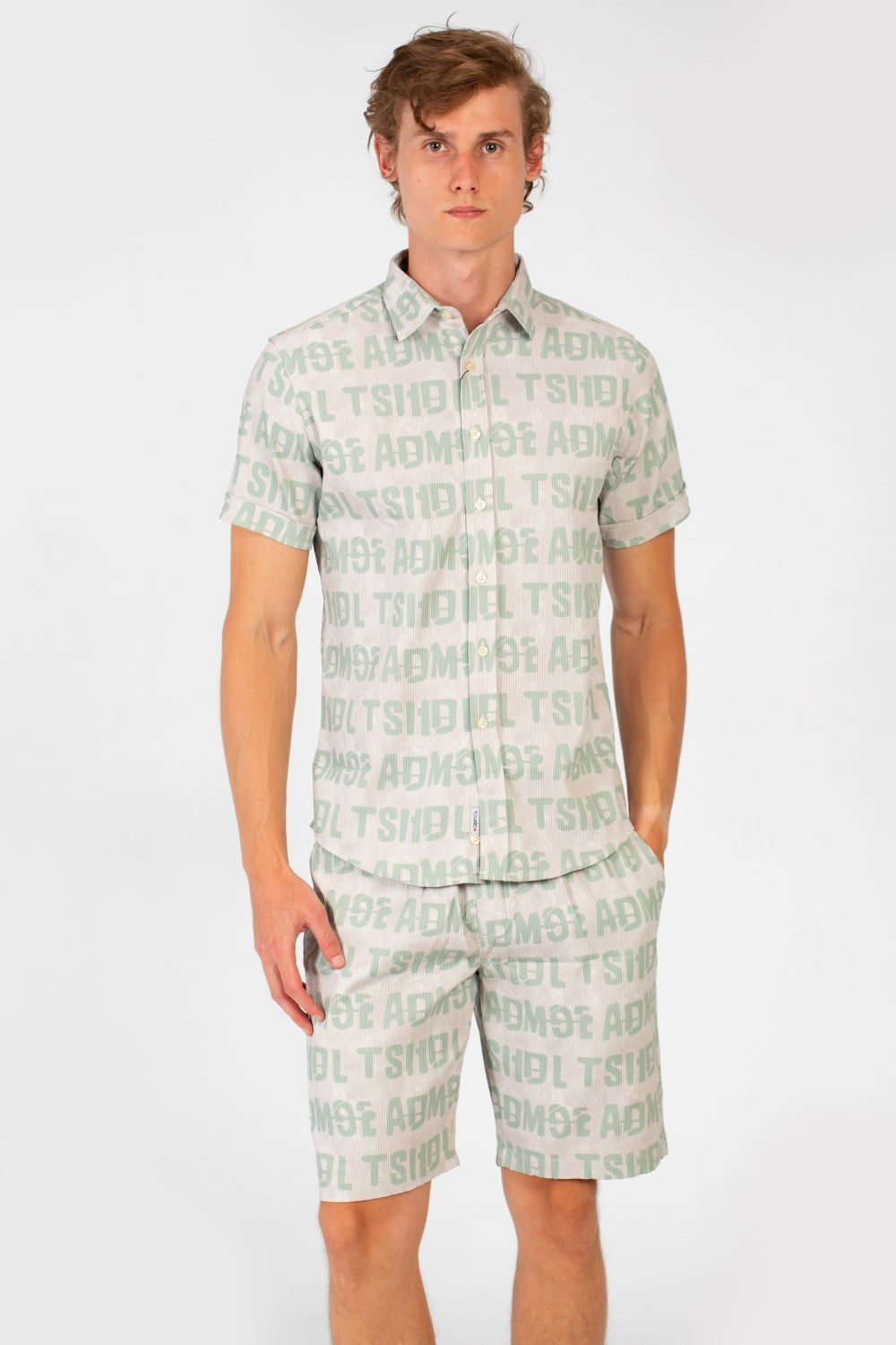 Men's Slim Fit Al Over Letter Print Half Sleeve Shirt & Short Outfit