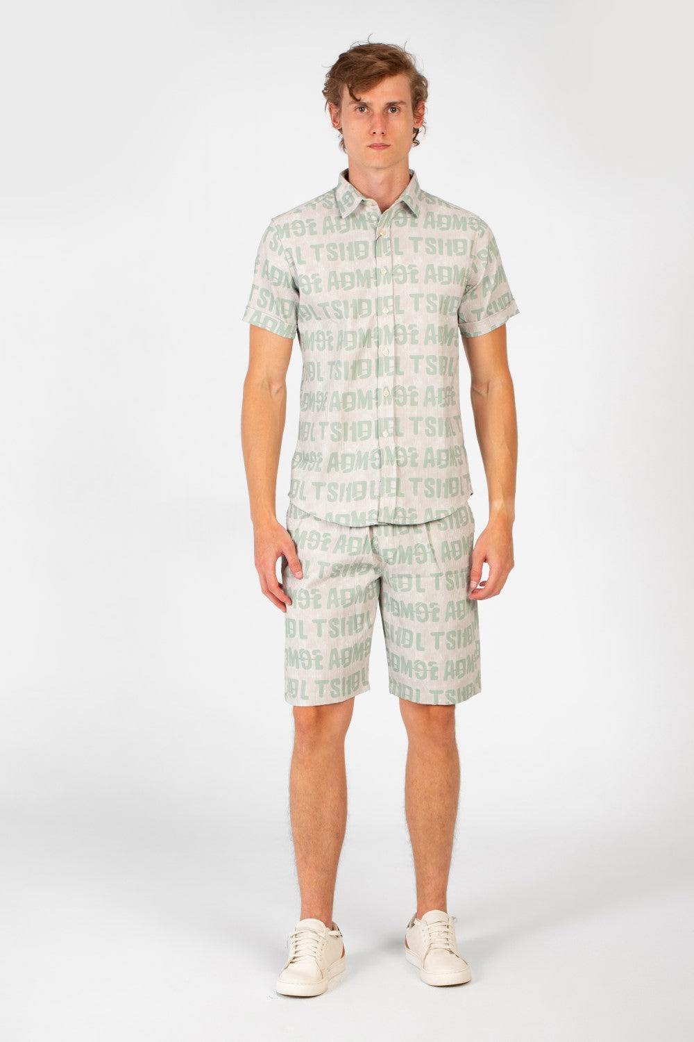 Men's Slim Fit Al Over Letter Print Half Sleeve Shirt & Short Outfit