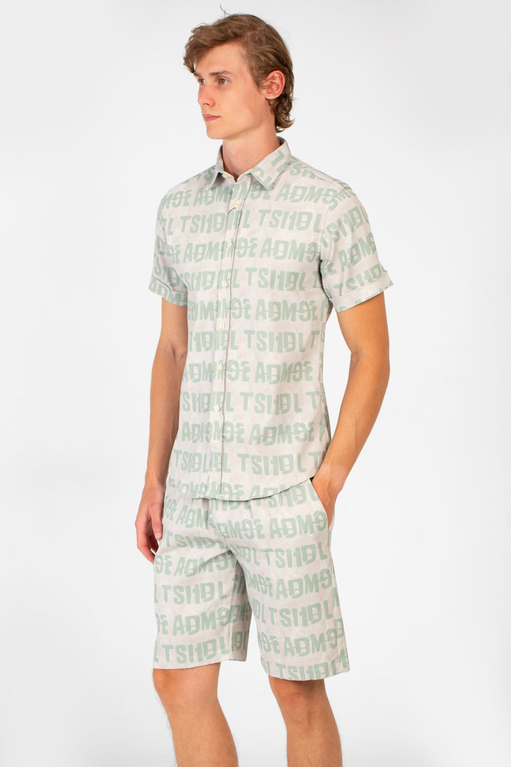 Men's Slim Fit Al Over Letter Print Half Sleeve Shirt & Short Outfit