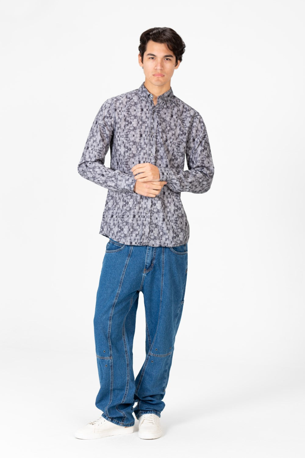 قميص جاكار رجالي مطبوع بقصّة Slim Fit وأكمام طويلة