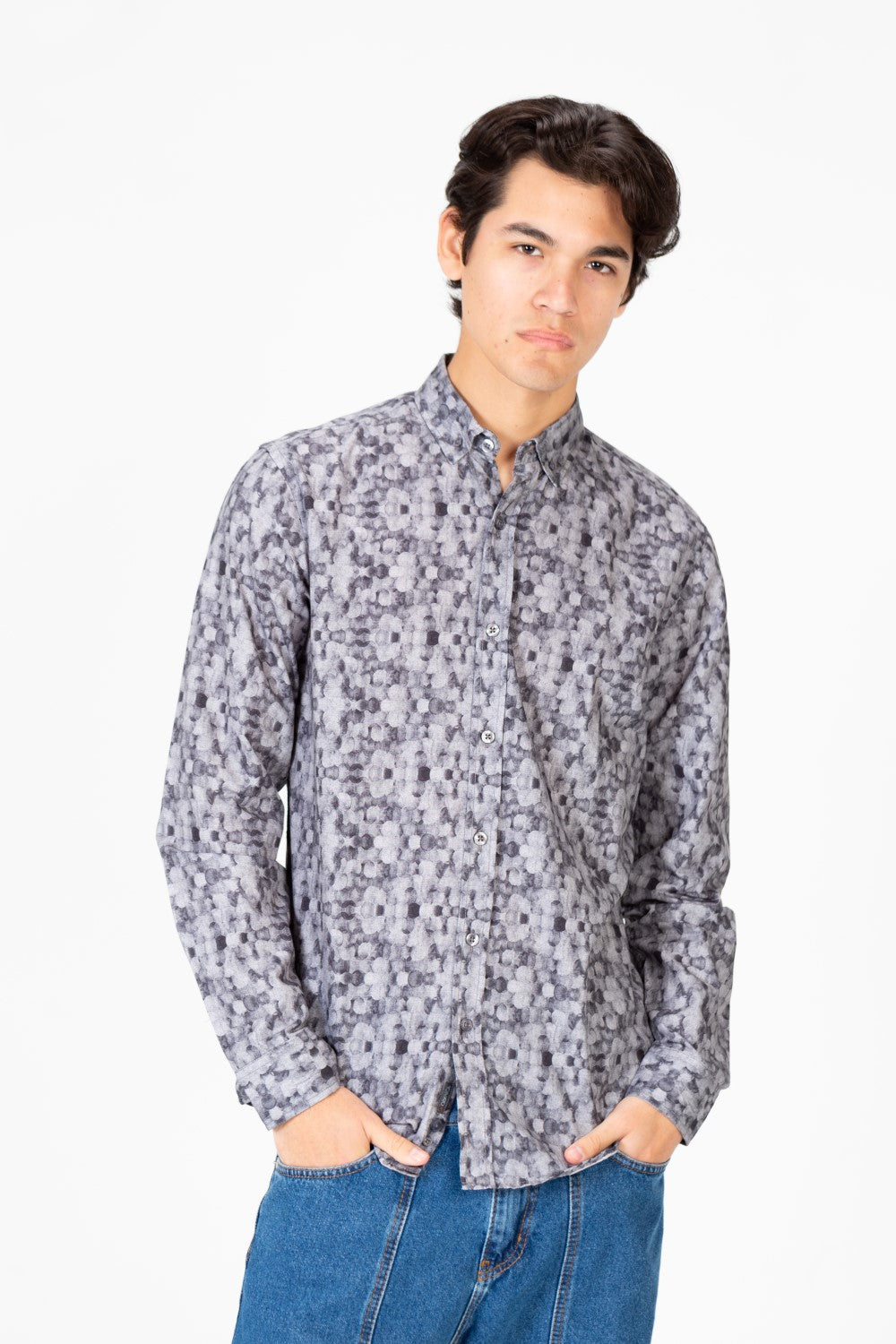 قميص جاكار رجالي مطبوع بقصّة Slim Fit وأكمام طويلة