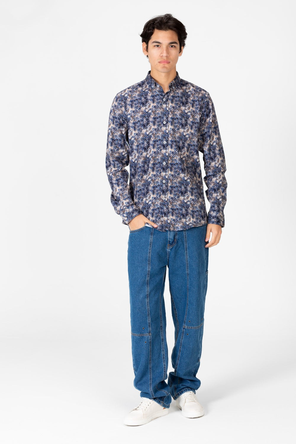 قميص جاكار رجالي مطبوع بأكمام طويلة وقصة ضيقة