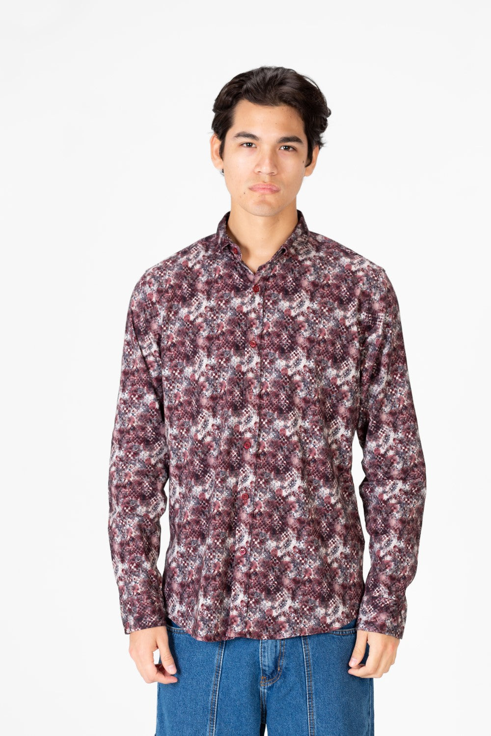 قميص جاكار رجالي مطبوع بأكمام طويلة وقصة ضيقة