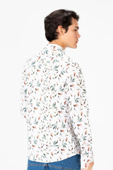 قميص رجالي أبيض مطبوع بأكمام طويلة من قماش البوبلين بقصّة Slim Fit