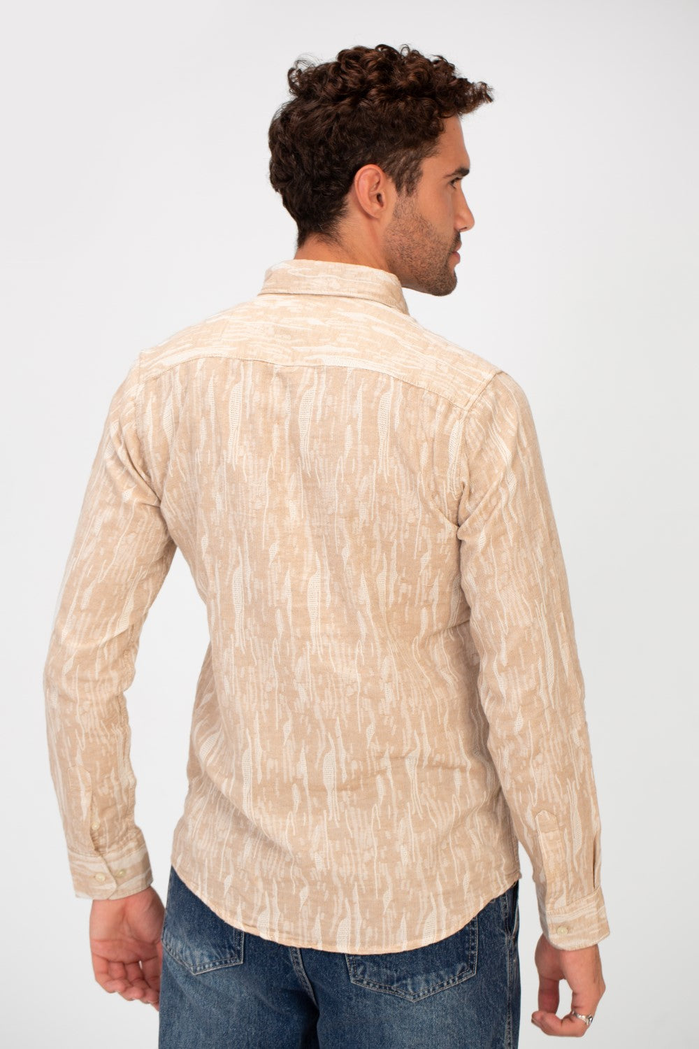 Men's Long Sleeve Slim Fit Jakar Printed Linen Shirt